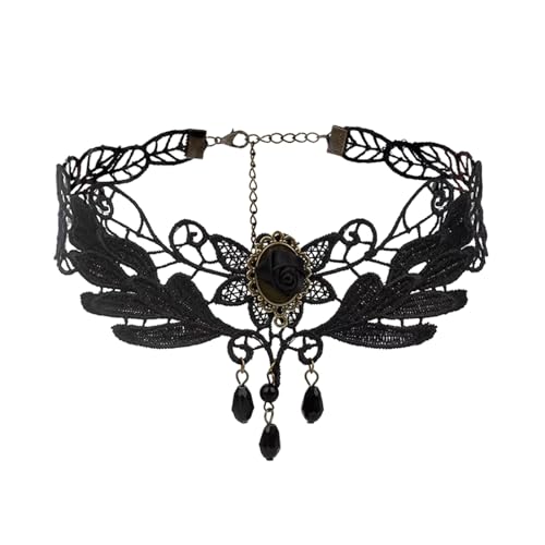 YWJewly Surferkette Schwarze Spitze-Choker-Halsketten, Vintage-Kristall-Anhänger-Halskette, Punk-Kette, Zubehör für Damen, Gothic Halskette Hochzeit Rose (Black-5, One Size) von YWJewly