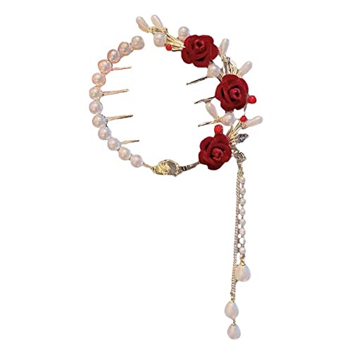 Neue Perle Rote Rose Quaste Pferdeschwanz Schnalle Haar Clip Haar Mode Haar Retro Zubehör H8W2 Damen Elegante Weibliche Gold Clip von YXRRVING