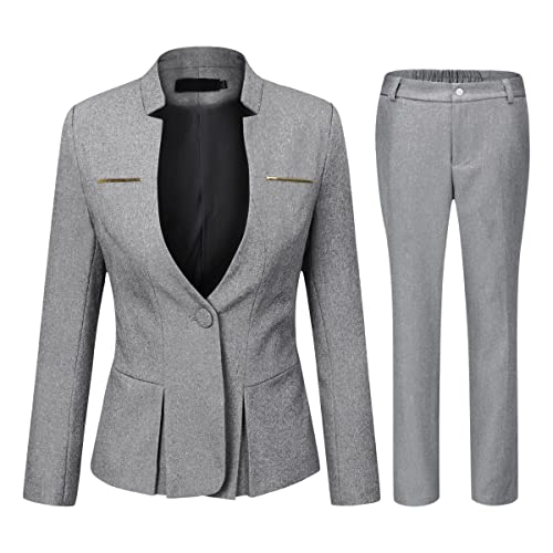 YYNUDA Anzug Set Damen Blazer mit Rock/Hose Slim Fit Hosenanzug Elegant Business Outfit für Office Hellgrau+Hose XS von YYNUDA