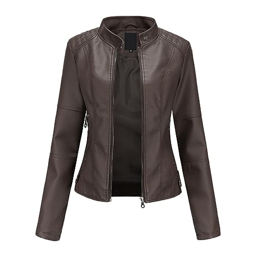 YYNUDA Lederjacke Damen Kurz Jacke Übergangsjacke aus Kunstleder mit Reißverschluss für Herbst（Kaffee S） von YYNUDA