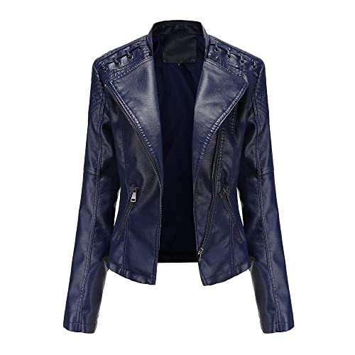 YYZYY Damen Lederjacke Kurz Kunstlederjacke Reißverschluss Slim Fit Jacke Übergangsjacke Female Leather Jacket (Dunkelblau,M) von YYZYY