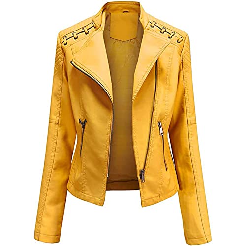 YYZYY Damen Lederjacke Kurz Kunstlederjacke Reißverschluss Slim Fit Jacke Übergangsjacke Female Leather Jacket (Gelb,XL) von YYZYY