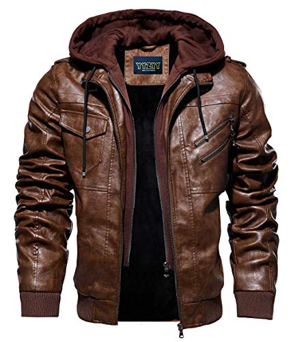 YYZYY Herren Jacke Mit Kapuze Kunst- Lederjacke Bikerjacke Biker Übergangsjacke Abnehmbare Kapuze (4XL, Braun) von YYZYY