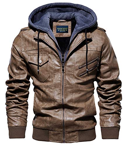 YYZYY Herren Jacke Mit Kapuze Kunst- Lederjacke Bikerjacke Biker Übergangsjacke Abnehmbare Kapuze (Khaki,L) von YYZYY