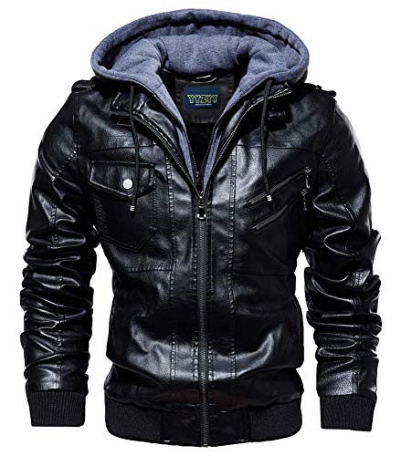 YYZYY Herren Jacke Mit Kapuze Kunst- Lederjacke Bikerjacke Biker Übergangsjacke Abnehmbare Kapuze (Schwarz,L) von YYZYY