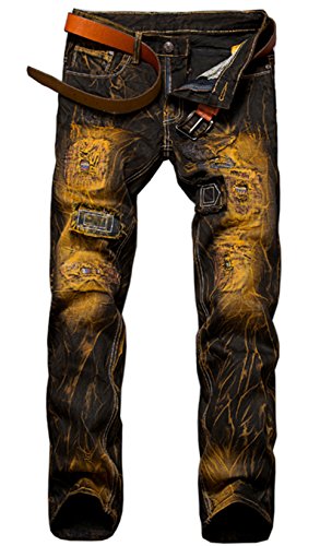 YYZYY Herren Jeanshose Biker Destroyed Look Jeans Hose Denim strapazierfähig Ripped (W34/L33, 9890/Retro Gelb) von YYZYY