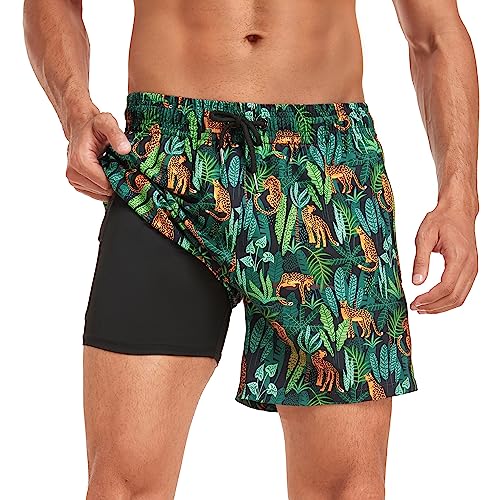 Yaavii Badehose Herren mit Kompression Badeshorts 2 in 1 Schnelltrocknend Druck Surfen Strandhose Männer mit Reißverschlusstaschen Grün Leopard XL von Yaavii