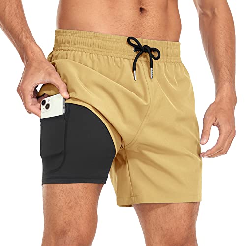 Yaavii Badeshorts Herren Badehose mit Kompression Liner 2 in 1 Schnelltrocknend Strandhose Männer Boardshorts mit Reißverschlusstaschen Khaki S von Yaavii