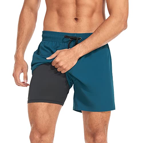 Yaavii Herren-Badehose mit Kompressionsfutter, schnell trocknend, Strand-Shorts, solide Board-Shorts mit Reißverschlusstasche, Ya0072, Dunkelblau, M von Yaavii