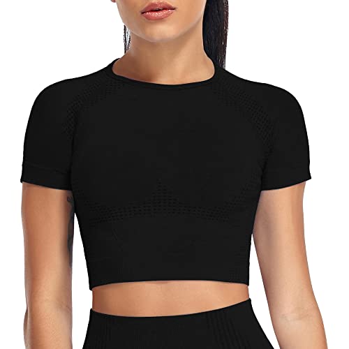 Yaavii Sport Oberteile Damen Kurzarm Gym T-Shirts Bauchfrei Crop Top Fitness Schwarz M von Yaavii