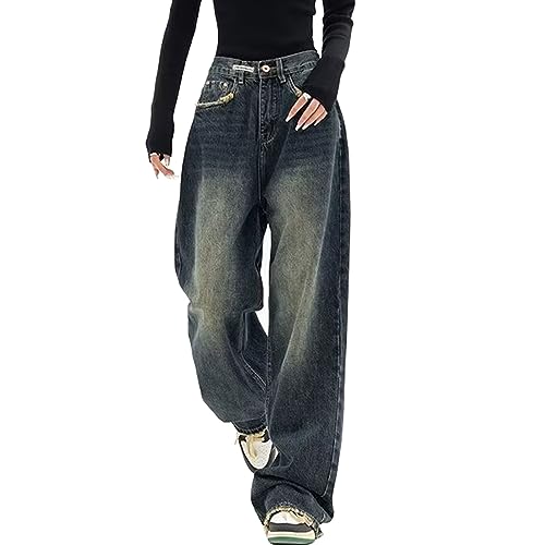 Yahbrra Baggy Jeans Damen Jeans Hose mit Hoher Taille Y2K Style Harajuku E Girl Streetwear Hose Casual Baggy Vintage Denim Hose Freizeit Loose Trendy Cargo Jeans Schlupfjeans (Color : Blue, Size : 3 von Yahbrra