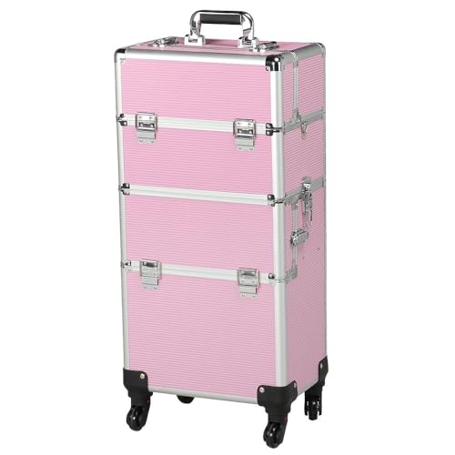 Yaheetech 3 in 1 Friseurkoffer Alu Kosmetikkoffer Trolley Beautycase Koffer Trolley mit Schlösser und Tragegurt, Rosa von Yaheetech