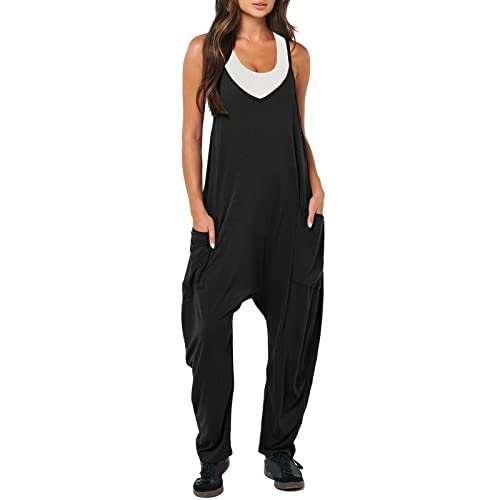 Damen Latzhose Sommer Jumpsuit Baggy Oversize Beiläufig Loose Trägerhose Overalls Ärmellose Strampler Playsuit Arbeitshose mit Großer Tasche Strampler (P1-Black, XXL) von Yamjisen