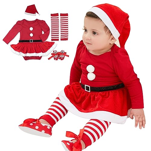 Baby Weihnachtsoutfit 4PCS neugeborenes Baby Mädchen Weihnachten Kleid Santaa Claus Baby Kleid Tutu Strampler Rock Hüte für Baby Mädchen 0~18 Monate (as3, Age, 6_Months, 12_Months, Rot) von Yanmucy