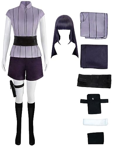 Hinata Hyuga Cosplay Shirt Kurze Socken Gürtel Anime Cosplay Hinata Hyugaüke Kostüm Perücke Outfits (Lila + Perücke, Medium) von Yanny