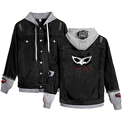 Unisex Persona 5 Denim Hoodie Jacken Akira Kurusu Jeansjacke Anime Game Cosplay Kostüm 3D Zip Up Mantel Sweatshirt Pullover (M, Schwarz 2, m) von Yanny