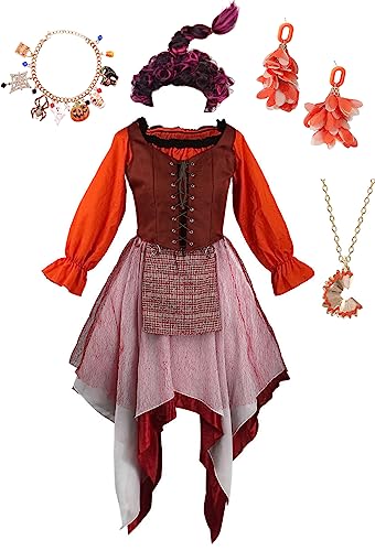 Weiblich Winifred Sanderson Kostüm Mary Sarah Sanderson Cosplay Perücke Ohrringe Halskette Kleid Zubehör für Halloween (Orange 1, Medium) von Yanny