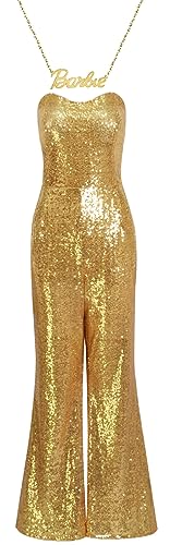 Yanny Margot Robbie 70s Hippie Disco Outfit Gold Overall Schlaghose Cowgirl Bar-bie Ken Cowboy Kostüm Hut (Gold, X-Small) von Yanny