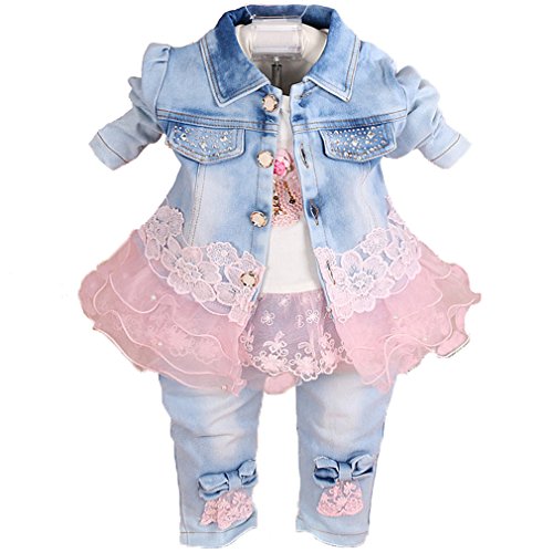 Yao Baby kleidung,Baby Mädchen Kleidungsset 3tlg Button-Stil Jeansjacke gestickte langarm T-Shirt und Jeanshose 6Monate-5Jahre(Rosa,3-4Jahre) von Yao