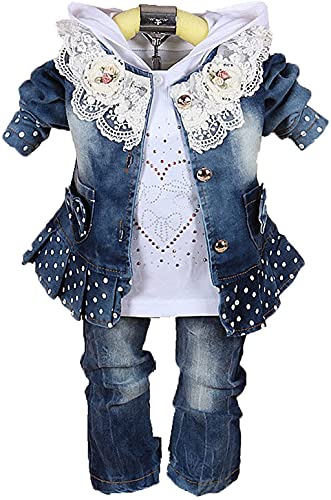 Kleine Mädchen Denim Kleidungssets 3-teilige Sets T-Shirt Jeansjacke und Jeans (3-4J, Punkte-Blau) von Yao