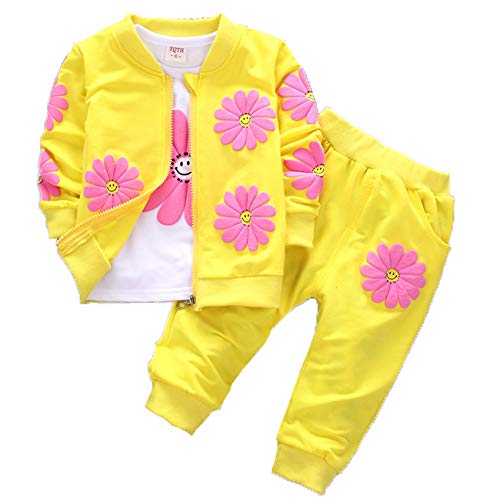 Yao 1-5 Jahre Kleinkind & kleine Mädchen Blumen drucken 3-teilige Sets Reißverschluss Jacke Langarm Rundhals T-Shirt und Hose(1-2 Jahre, Gelb) von Yao