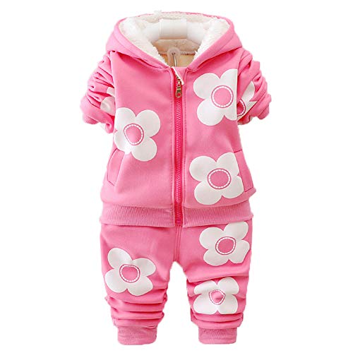 Yao 9M-3J Baby Mädchen Fleece Blumen Warm 2-teiliges Set Warmer Samt bedruckter Mantel und Hose(12-18M, Leuchtend rosa) von Yao