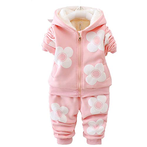 Yao 9M-3J Baby Mädchen Fleece Blumen Warm 2-teiliges Set Warmer Samt bedruckter Mantel und Hose(18-24M, Rosa) von Yao