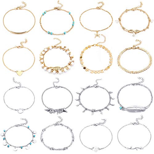 16 Stück Strand Knöchel Armbänder Verstellbare Fußkettchen Boho Knöchel Ketten Fuß Schmuck Set für Damen Mädchen (Versilbert und vergoldet) von Yaomiao