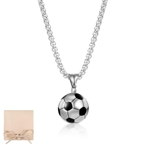 Yaomiao 3D Fußball Anhänger Halskette Edelstahl Kette mit Fußball Charm Halskette mit Schmuckbeutel und Geschenkkarte Fußball Halskette Geschenke für Jungen Mädchen Kinder Männer Damen Unisex (Silber) von Yaomiao