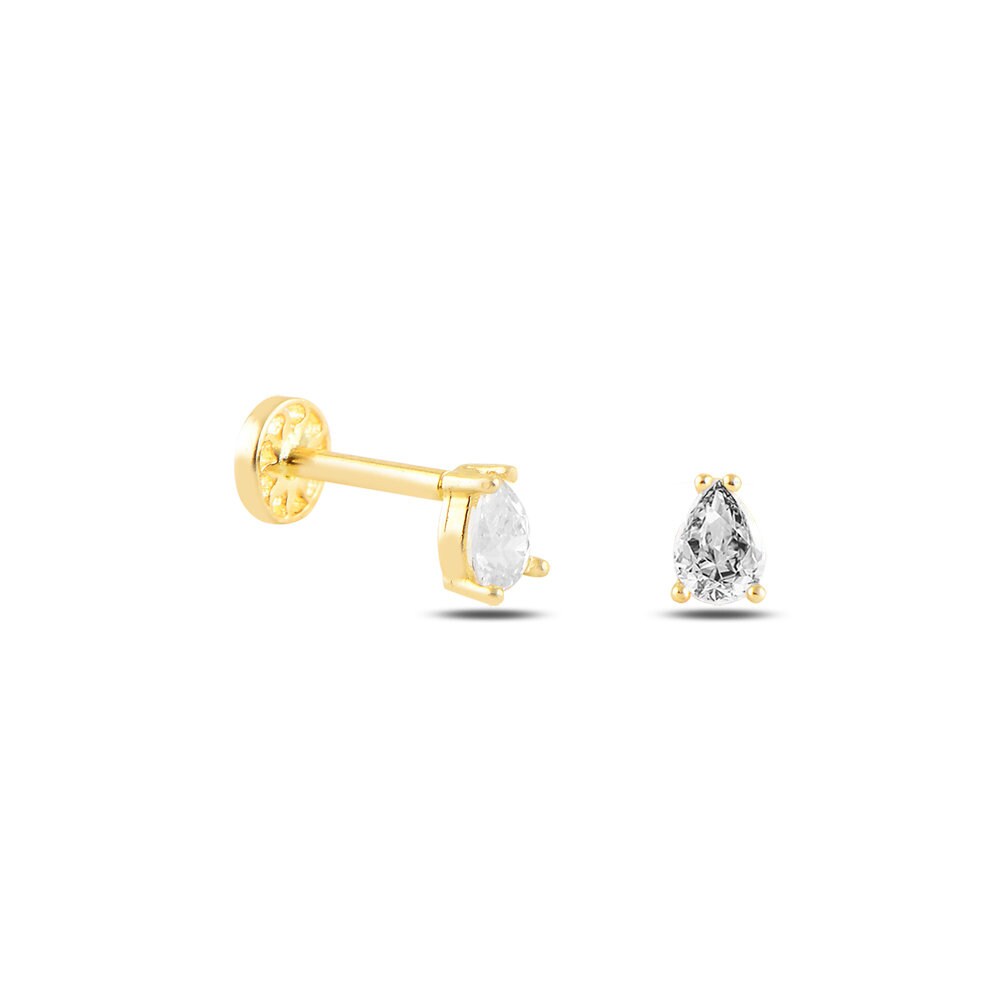 Zierliches 14-Karat-Massivgold, Cz-Solitär Im Birnenschliff, Ohrpiercing/Ohrstecker Mit Schraubverschluss von YaparJewelry