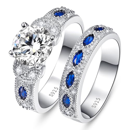 Yaresul 3.5ct Rundschliff Kubik Zirkonia Ring Ehering Set Erstellt Blauer Saphir Frauen Braut Ringe Sets 925 Sterling Silber Ring Rhodium plattiert Blau Verlobungsring Größe 50.6(16.1) von Yaresul