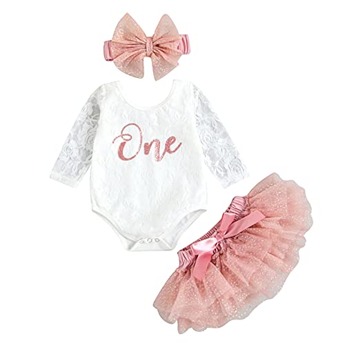 Baby Kleidung Mädchen Geburtstags Babykleidung Set Prinzessin Kleid Rundhals Floral Spitze Strampler mit One Print Tutu Rock Schleifen Stirnband Baby Geburtstagsgeschenk (Rosa One, 12-18 Monate) von Yassiglia