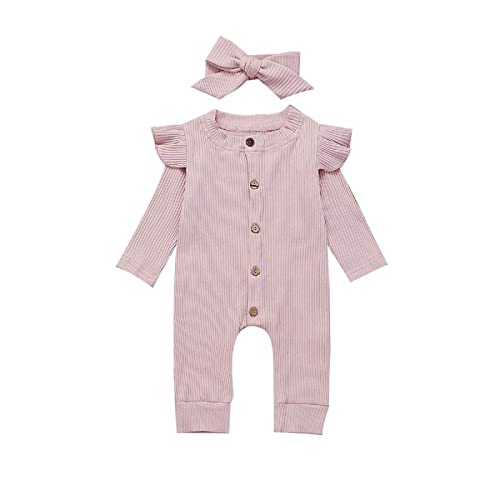 Yassiglia 2 Stücke Set Baby Mädchen Strampler Neugeborenes Junge Kleidung Langarm Geraffte Bodysuit mit Knopf Gestrickt Gerippt Jumpsuit Stirnband Outfits (Rosa, 0-6 Monate) von Yassiglia