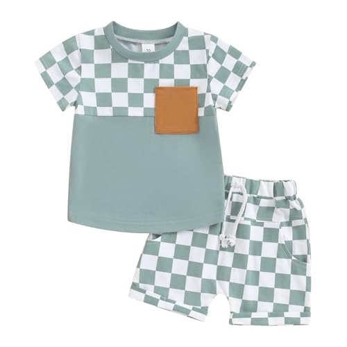 Yassiglia Baby Jungen Kleidung Set Sommer Zweiteiler Outfit Farbe Patchwork Kurzarm Shirt + Shorts Kleinkind Bekleidungssets Neugeborene Babykleidung (Blau, 18-24 Months) von Yassiglia