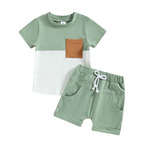 Yassiglia Baby Jungen Kleidung Set Sommer Zweiteiler Outfit Farbe Patchwork Kurzarm Shirt + Shorts Kleinkind Bekleidungssets Neugeborene Babykleidung (Grün+Weiß, 6-12 Months) von Yassiglia