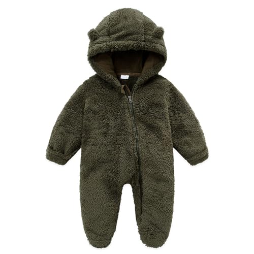 Yassiglia Baby Jungen Mädchen Strampler Herbst Winter Plüsch Overall Niedlich Bärenohr Schneeanzug Neugeborene Warmer Jumpsuit mit Kapuze und Reißverschluss (Army Green, 0-3 Months) von Yassiglia