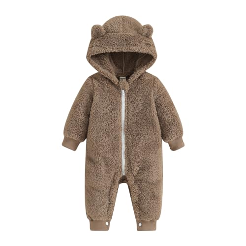 Yassiglia Baby Jungen Mädchen Strampler Herbst Winter Plüsch Overall Niedlich Bärenohr Schneeanzug Neugeborene Warmer Jumpsuit mit Kapuze und Reißverschluss (Khaki A, 6-9 Months) von Yassiglia