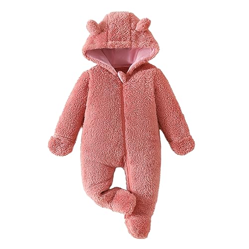 Yassiglia Baby Jungen Mädchen Strampler Herbst Winter Plüsch Overall Niedlich Bärenohr Schneeanzug Neugeborene Warmer Jumpsuit mit Kapuze und Reißverschluss (Rosa, 12-18 Months) von Yassiglia