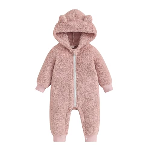 Yassiglia Baby Jungen Mädchen Strampler Herbst Winter Plüsch Overall Niedlich Bärenohr Schneeanzug Neugeborene Warmer Jumpsuit mit Kapuze und Reißverschluss (Rosa A, 12-18 Months) von Yassiglia