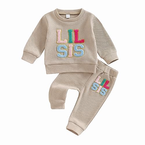 Yassiglia Baby Mädchen 2 Stück Outfit Schwester Matching Kleidung Set Kleinkind Mädchen Jogginganzug Big/Little Sister Muster Waffel Sweatshirt + Hose (Aprikose-Lil, 0-6 Months) von Yassiglia