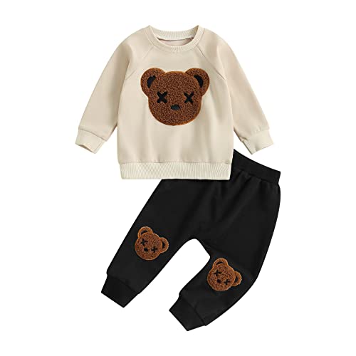 Yassiglia Baby Mädchen Jungen Kleidung Herbst Winter Zweiteiler Outfit Junge Niedliches Bärchen-Set Kleinkind Weiche Bekleidungssets Langarm Sweatshirt Top + Hose (Khaki schwarz, 12-18 Months) von Yassiglia