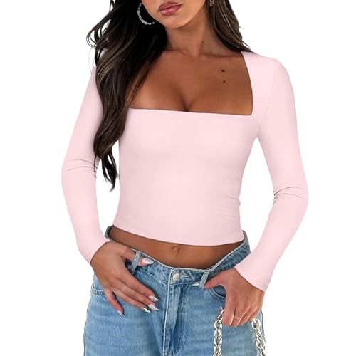 Yassiglia Basic Long Sleeve Tops Women Y2K Crop Top Women's Crew Neck Slim Fit Shirt Skims Dupe Casual Tight Baby Tees Girls Aesthetic Clothes (Rosa A, L) von Yassiglia