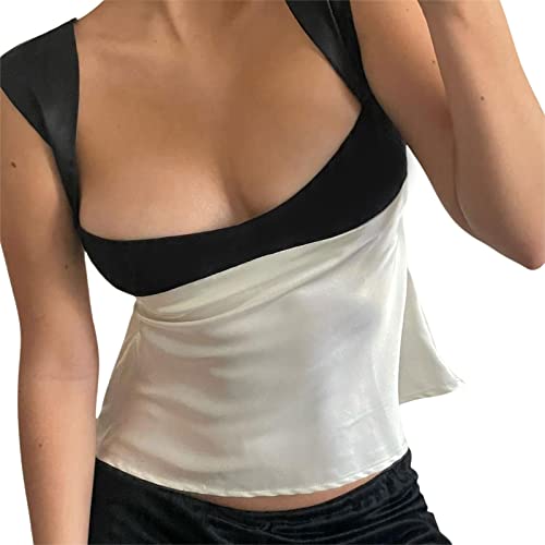 Yassiglia Damen Ästhetisch Patchwork Crop Tops Sommer Tank Top Ärmellose Rückenfreie Camisole Y2K Harajuku Camis Sexy, Elegant, Low Cut, Slim Fit (Weiß, L) von Yassiglia