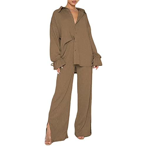 Yassiglia Damen Casual 2-teiliges Outfit-Set, modisches langärmeliges Hemd mit Knopfleiste und Hose, Streetwear, Loungewear, khaki, 38 von Yassiglia