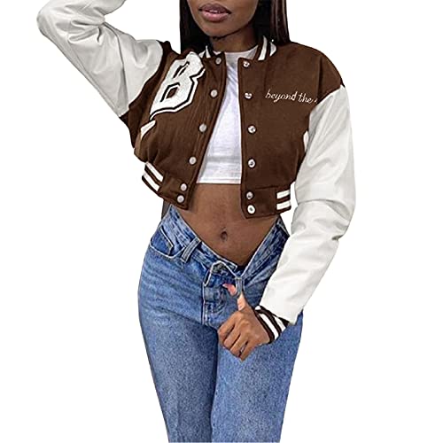 Yassiglia Damen Jacke Kurz Sweatjacke Baseball Jacke für Frauen College Jacke Mädchen Y2K Jacke Sportjacke Ohne Kapuze Vintage Bomberjacke S-XL (Braun Muster, Mediun) von Yassiglia