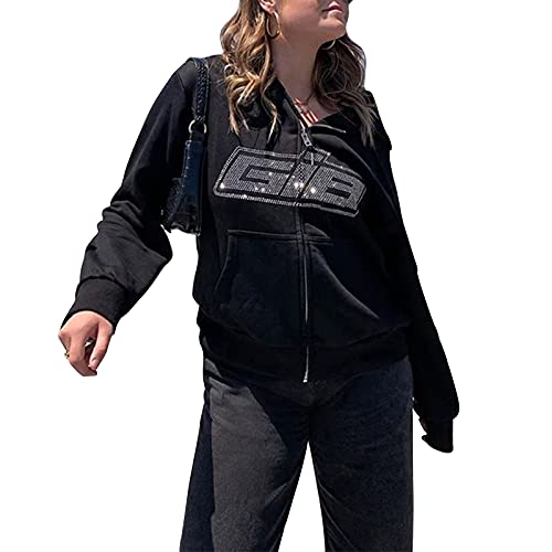 Yassiglia Damen Oversize Pullover Sweatjacke mit Kapuze Elegant Hoodies für Teenager Mädchen Y2K Zip Up Kapuzenpullover Gothic Jacke mit Taschen (Schwarz mit Buchstabe Muster, M) von Yassiglia