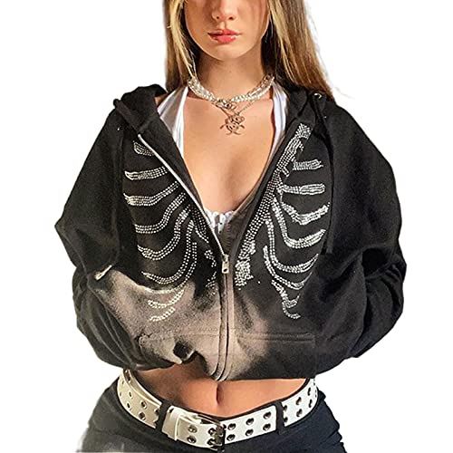 Yassiglia Damen Oversize Pullover Sweatjacke mit Kapuze Elegant Hoodies für Teenager Mädchen Y2K Zip Up Kapuzenpullover Gothic Jacke mit Taschen (Schwarz mit Muster, L) von Yassiglia