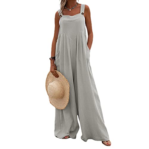 Yassiglia Damen Sommer Elegant Ärmellos Jumpsuit Lang Weites Bein Freizeithose mit Taschen Lässig Locker Hosenanzug für Frauen Strand Overall Große Größe (Grau, XX-Large) von Yassiglia