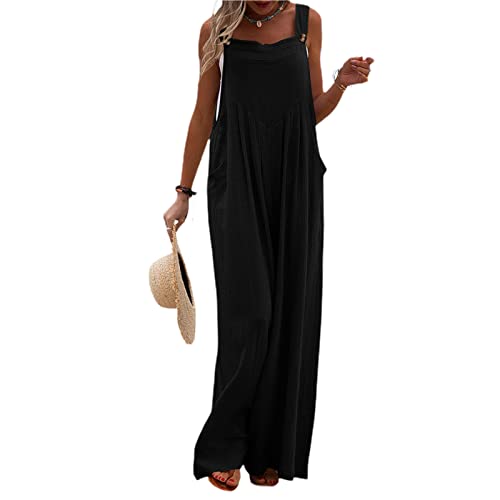 Yassiglia Damen Sommer Elegant Ärmellos Jumpsuit Lang Weites Bein Freizeithose mit Taschen Lässig Locker Hosenanzug für Frauen Strand Overall Große Größe (Schwarz, X-Large) von Yassiglia