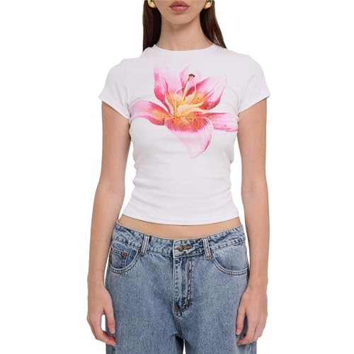 Yassiglia Damen Sommer T-Shirt Kurzarm Crop Top Elegant Blumen Druck Tunika Oberteile Y2K Baby Tees Basic Slim Fit Tops Summer Aesthetic Clothes (Weiß-Rosa, S) von Yassiglia